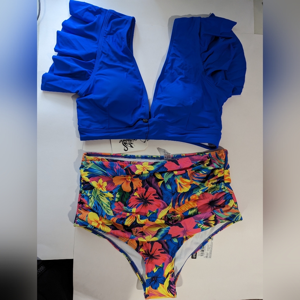 Sporlike 2 piece ruffle high waisted push up tropical print bikini.  A4